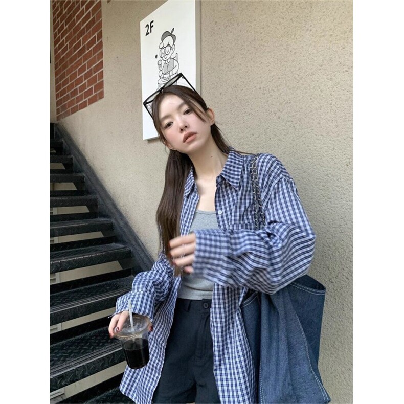 TC660-p45蓝色格子条纹长袖衬衫女2026春秋新款慵懒风衬衣，女装衬衫，星座617A-2