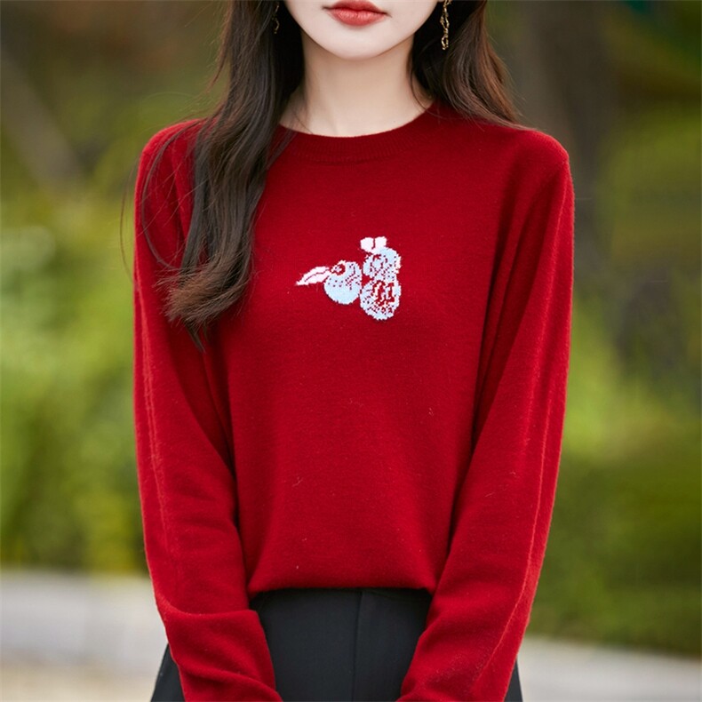 秋冬100%纯羊毛衫女圆领蓝莓提花针织毛衣宽松拼色羊绒衫打底上衣图片