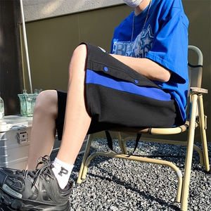 24夏季宽松中性休闲五分卫裤蓝侧条情侣直筒运动短裤控K3303-P28图片
