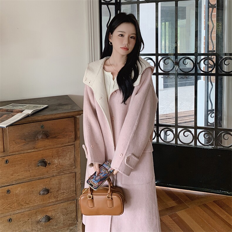 韩系甜美连帽双面羊毛大衣女2025秋冬季新款显瘦保暖长款呢子外套,女装毛呢外套,2C212