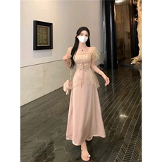 法式气质减龄波点网纱拼接连衣裙女2025夏季收腰温柔风超仙a字裙，女装连衣裙，星座506A