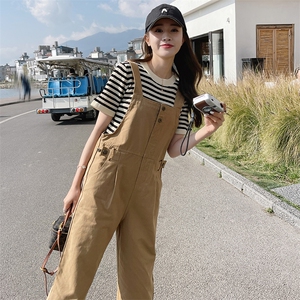 卡其色直筒工装背带裤女2023夏季新款韩版小个子高腰垂感阔腿裤子图片