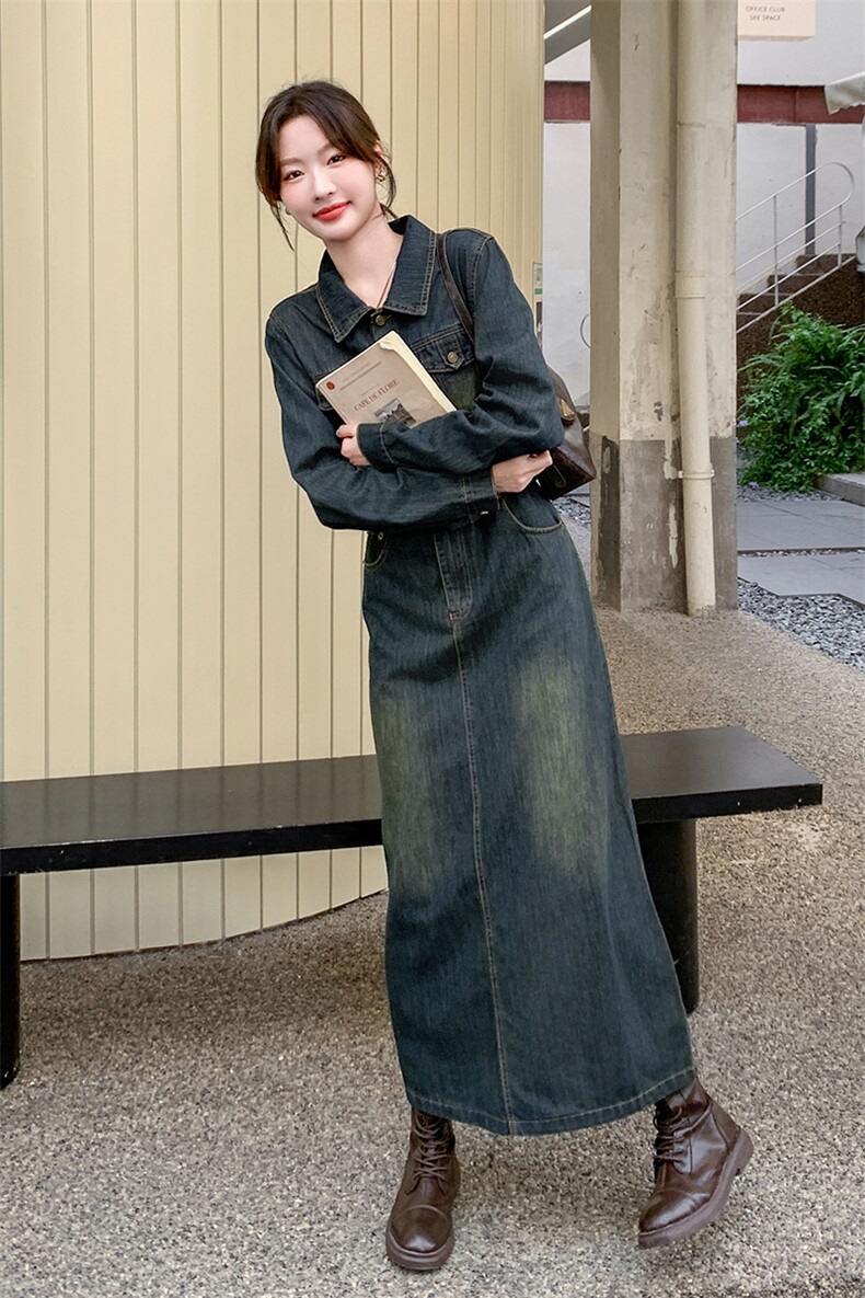 （现货）2026春装新款时尚休闲复古色中长款牛仔连衣裙（配腰带）,女装连衣裙,印象茜