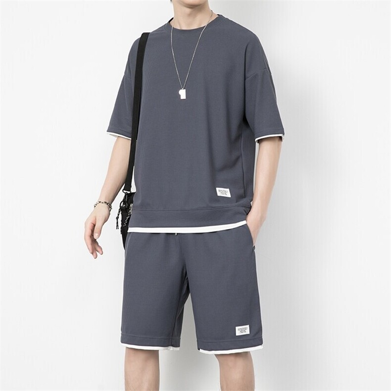 7536-P55华夫格短裤套装男士夏季短袖男装运动潮牌宽松休闲五分裤图片