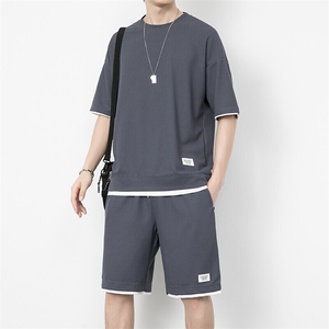 7536-P55华夫格短裤套装男士夏季短袖男装运动潮牌宽松休闲五分裤图片