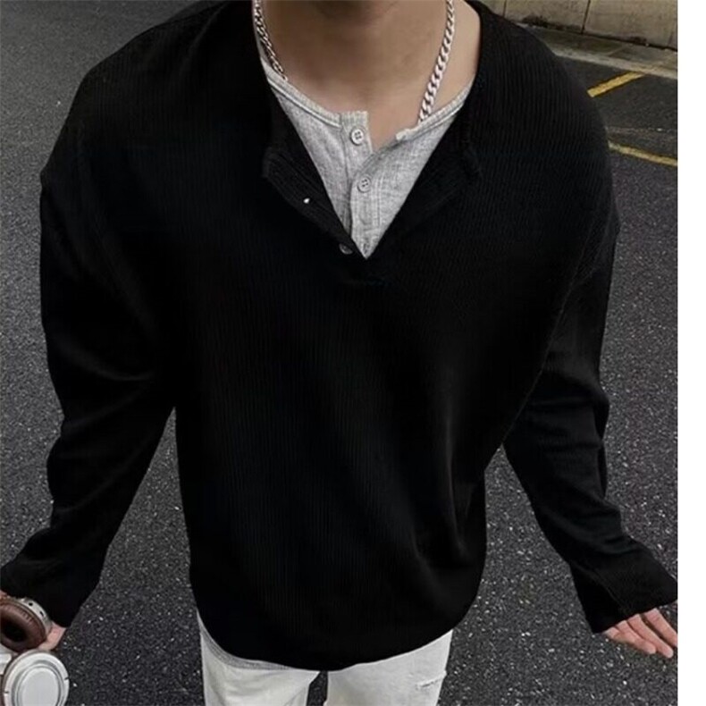 假两件亨利领长袖t恤男款2025春秋新款重磅内搭打底衫宽松上衣服,男装T恤,星座506A