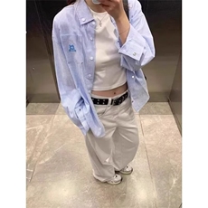 美式条纹长袖衬衫男女春秋季潮牌刺绣慵懒风c休闲衬衣外套HCS376，男装衬衫，星座208-5