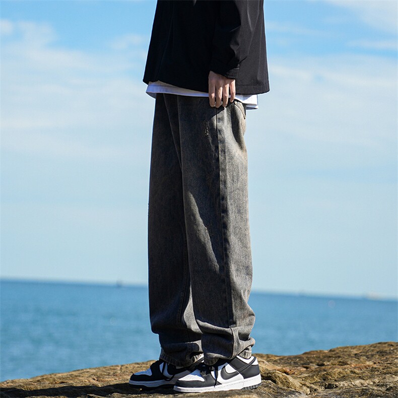 水洗牛仔裤男生春秋季美式复古高街vibe风潮牌宽松直筒阔腿长裤子,男装卫衣,电商A310