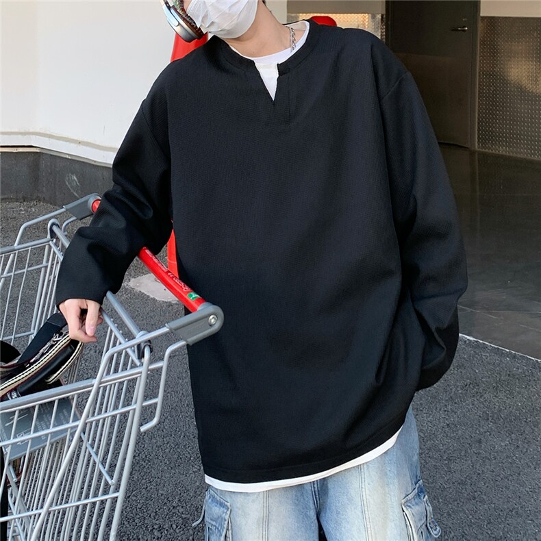 2026春夏大码假两件华夫格长袖T恤男宽松上衣W56683/特P20黑,男装T恤,电商A094