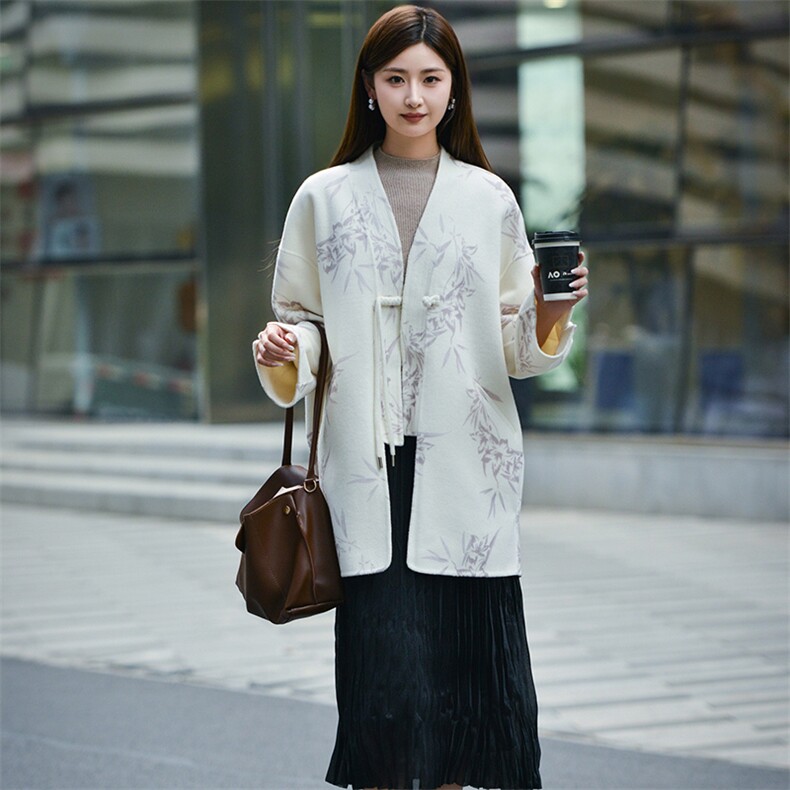 优雅气质女装盘扣毛呢外套秋冬新款时尚百搭长款大衣，女装双面呢大衣，亿美羊绒