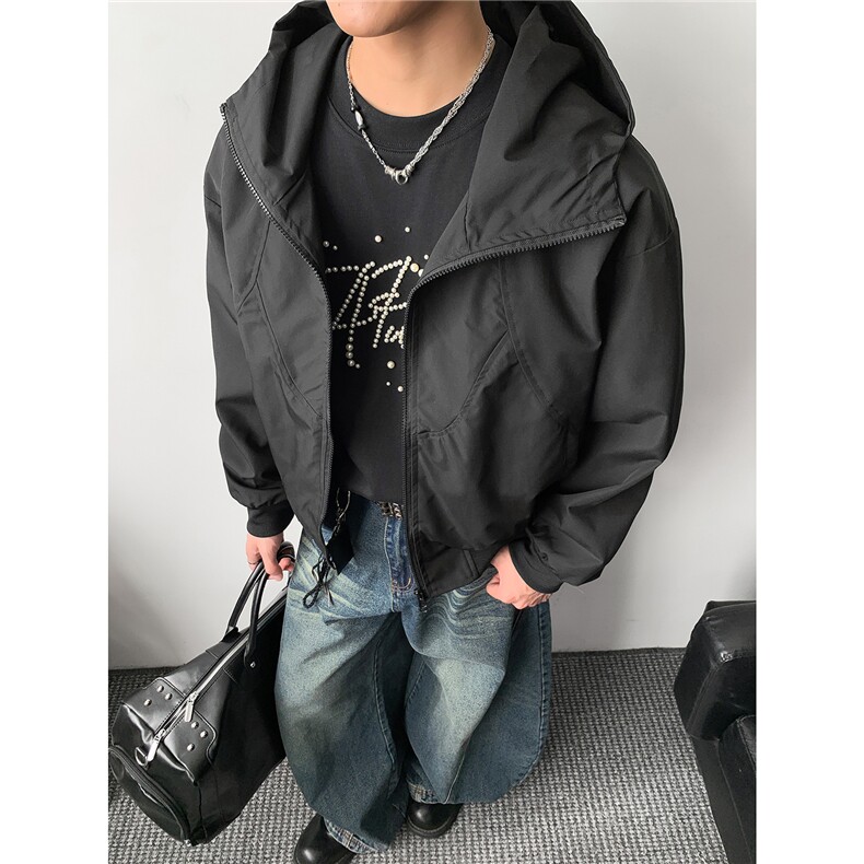 美式短款秋季开衫连帽夹克中性复古宽松褶皱外套潮HZ6608-P75,男装夹克,星座610B-1