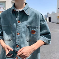 夏季短袖牛仔衬衫男ins潮牌港风日系小众设计感休闲宽松半袖外套，男装衬衫，星座716-3