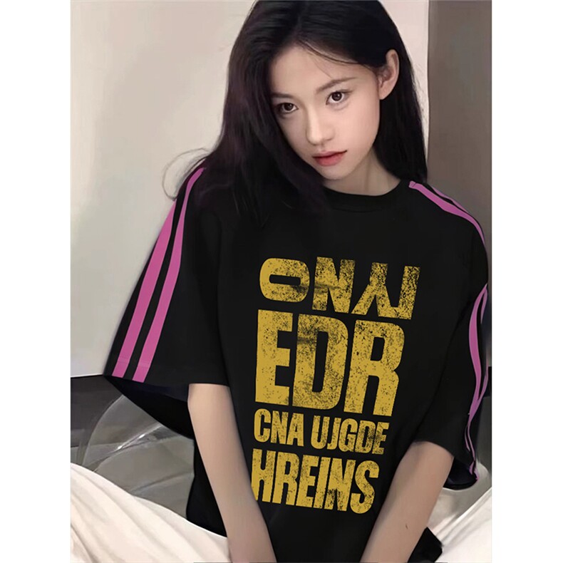 抖音得物品质二开240克宽松纯棉美式潮牌印花三条杠中性风短袖T恤,男装T恤,电商A486