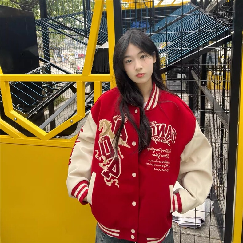 美式高街重工刺绣马年夹克棒球服女2026夹棉加厚宽松情侣红色外套,男装夹克,星座715-4
