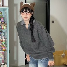 重磅北极绒假两件衬衫领毛衣美式高街复古休闲慵懒纯色翻领针织衫，男装针织衫/毛衣，电商A486
