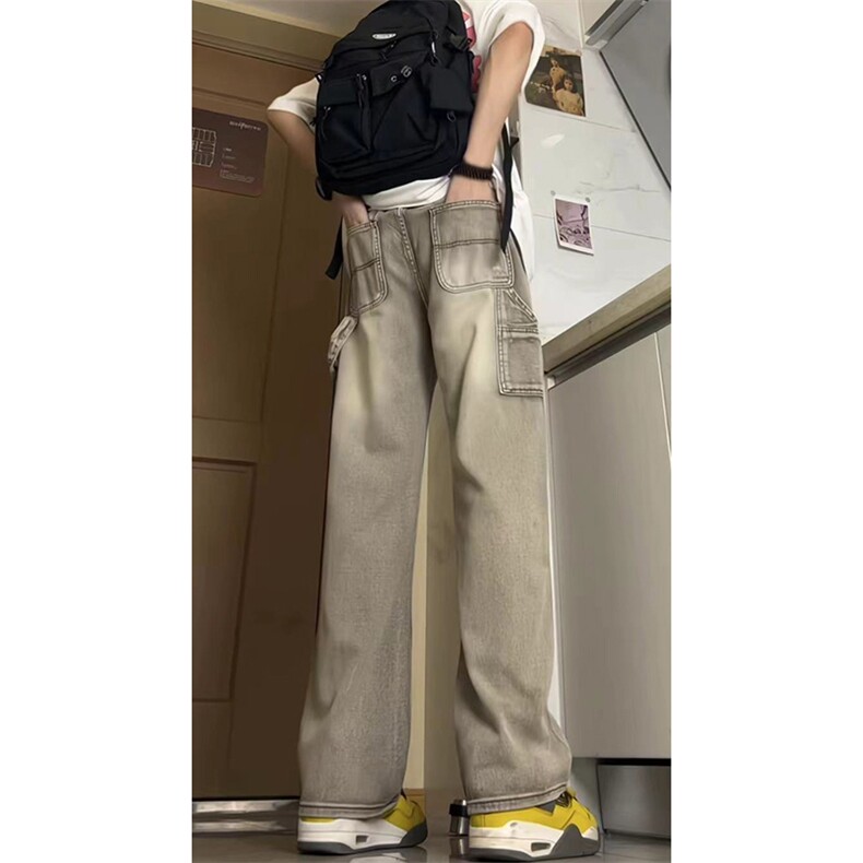 美式高街大码破洞涂鸦黄泥色牛仔工装裤货号K641P60,男装牛仔裤,电商A063