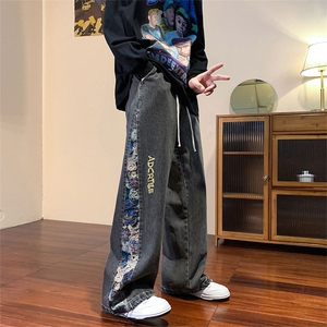 潮小熊拼接刺绣牛仔裤男嘻哈痞帅宽松直筒大码裤子XK66133特p35图片