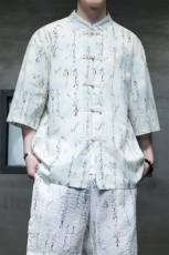 2025夏季新款风男装盘扣新中式唐装书法印花衬衫C106-P50，男装衬衫，电商B277(原6028)