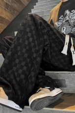 8XL-M特大码港风重磅棋盘格卫裤男士休闲运动裤直筒阔腿裤K961P60，男装休闲裤，电商D206-1