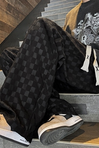8XL-M特大码港风重磅棋盘格卫裤男士休闲运动裤直筒阔腿裤K961P60图片