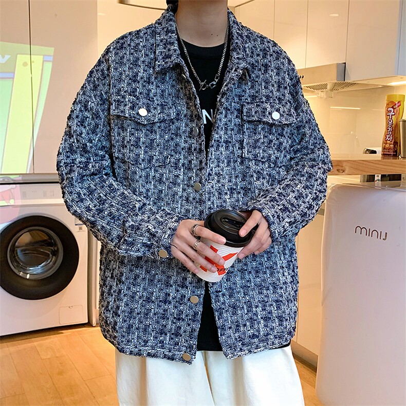 小香风夹克男新款宽松潮流潮牌美式外套百搭编织格子上衣~B80-p58,男装夹克,星座601-2
