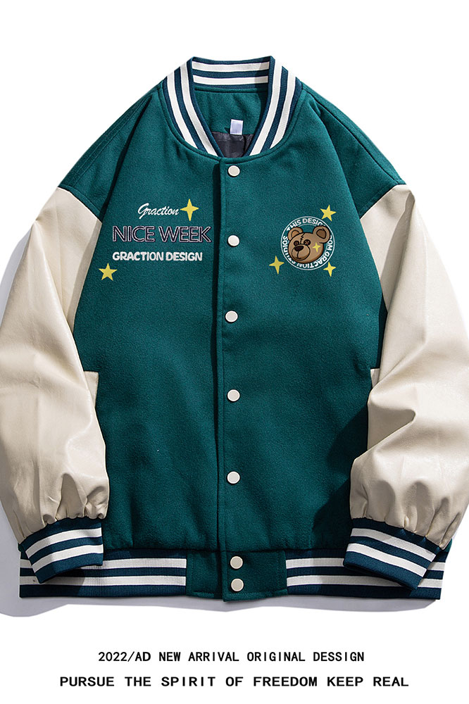 白底23春季潮流时尚小熊印花PU皮拼接棒球服夹克外套G643P85控108,男装夹克,电商A247-1