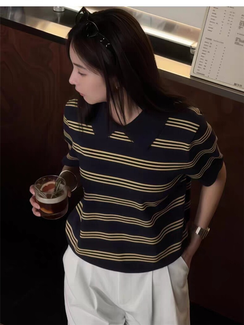 莱赛尔高级感条纹POLO领针织衫女夏季新款气质慵懒风短袖T恤上衣,女装T恤,唐诺