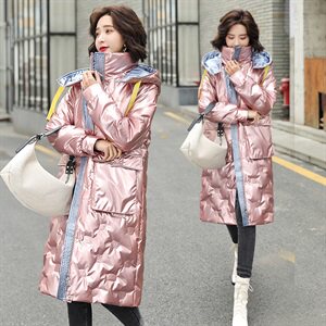 粉色亮面羽绒服女中长款2020冬季新款韩版白鸭绒连帽时尚加厚外套图片