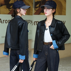 黑色短款皮衣外套2024年春秋新款早秋高级感小个子皮夹克上衣女装,黑色醋酸西装裙子怎么搭配图片