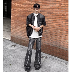 2025美式新款小众扎染水洗做旧牛仔毛边拼接微喇牛仔裤毛边，男装牛仔裤，星座506A