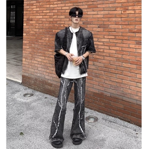 2025美式新款小众扎染水洗做旧牛仔毛边拼接微喇牛仔裤毛边图片