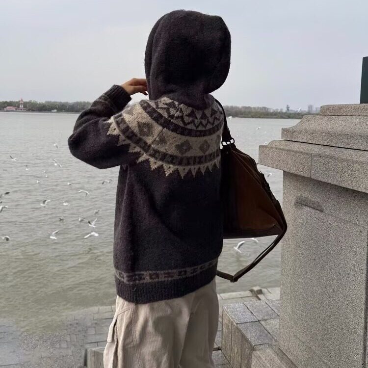 2025美式慵懒休闲北欧提花宽松显瘦针织牛角纽扣连帽开衫毛衣MY72,男装针织衫/毛衣,星座516A