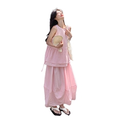 粉色无袖收腰小衫裙女夏新款超仙温柔风度假森系半身裙，女装半身裙，2C285