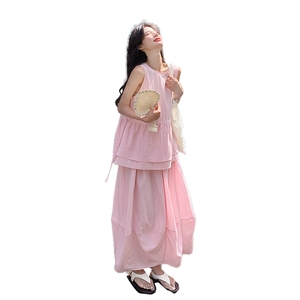 粉色无袖收腰小衫裙女夏新款超仙温柔风度假森系半身裙图片