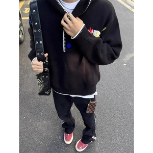 彩扣刺绣连帽针织衫男秋季潮牌高级感卫衣复古情侣外套 MY9601图片