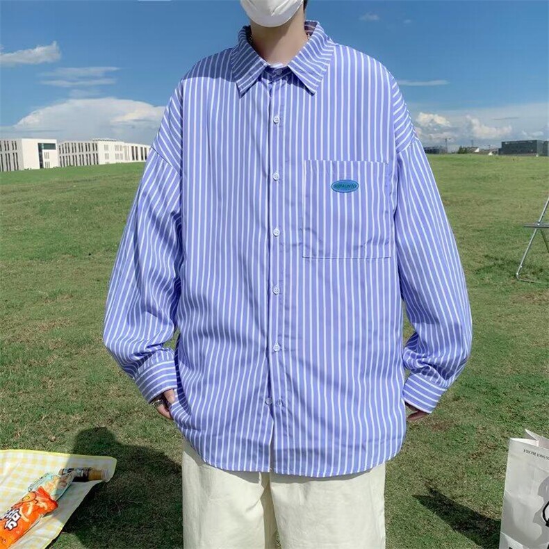 条纹长袖衬衫男秋季高级感痞帅ins潮外套港风日系雅痞男友风衬衣图片