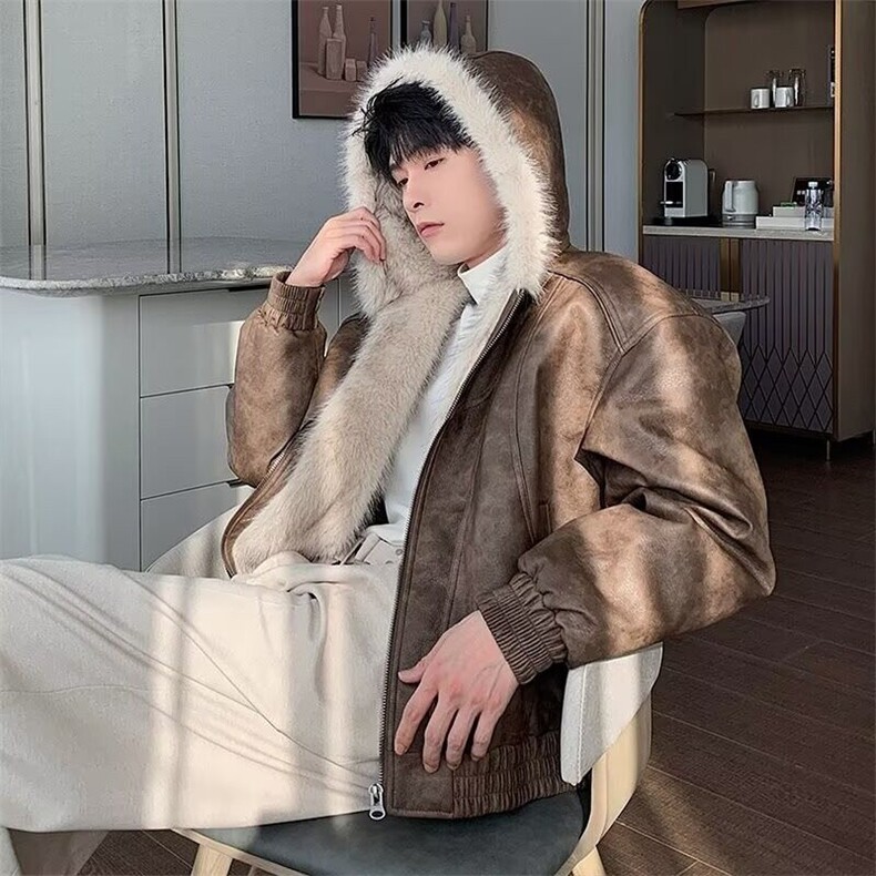 【有货】DF2229-P1152026新款皮毛一体外套男连帽加绒加厚旧皮衣,男装皮衣,星座603-2
