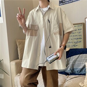 复古cityboy卡其杏色拼接工装衬衫短袖宽松衬衣设计感W3171-P30图片