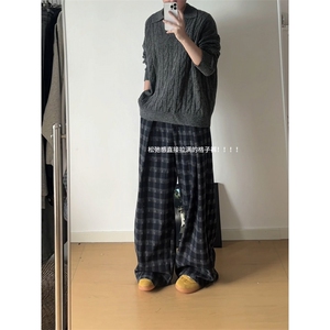 现货 ZK8050-批65 控98 重磅美式磨毛格子阔腿垂感直筒大码休闲裤图片