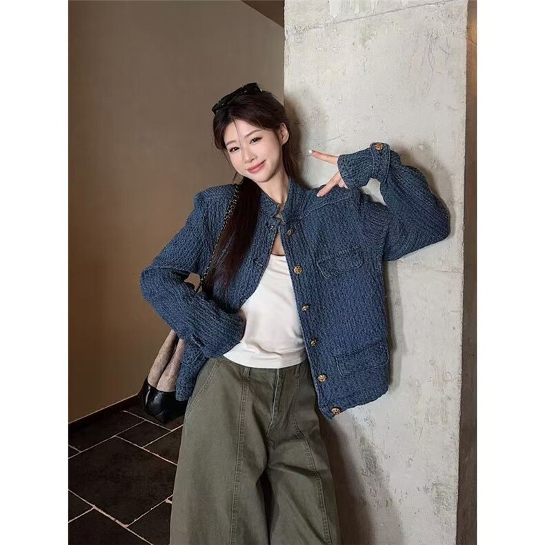 蓝色小香风立领长袖牛仔外套女秋季高级感短款超好看开衫上衣，男装工装外套，星座1210-1