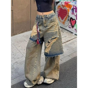 美式街头重工水洗破洞假两件牛仔裤女设计感宽松垂感裤WLN947-P60图片