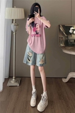 盐系穿搭休闲时尚套装女夏设计感圆领印花短袖破洞牛仔短裤两件套，女装套装/套裙，江南