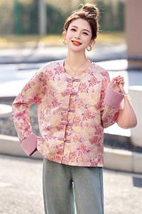 新中式印花盘扣短外套女2025春季新款撞色拼接袖气质超火唐装上衣图片
