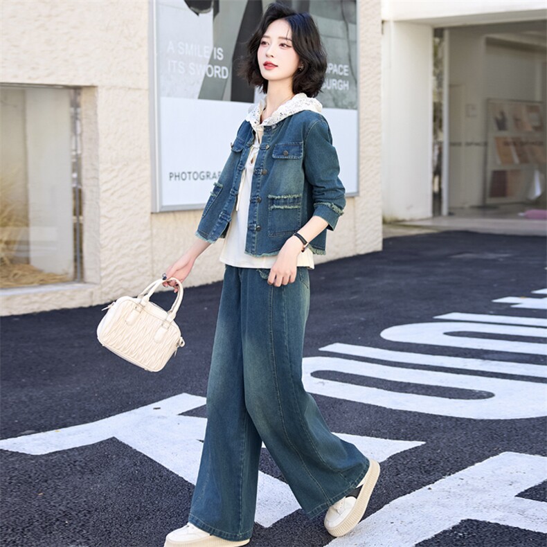 时尚牛仔套装秋季新款小众百搭衬衫复古盐系轻熟休闲运动三件套裤，女装套装/套裙，欣品汇