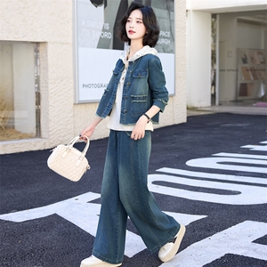 时尚牛仔套装秋季新款小众百搭衬衫复古盐系轻熟休闲运动三件套裤,女装套装/套裙,欣品汇