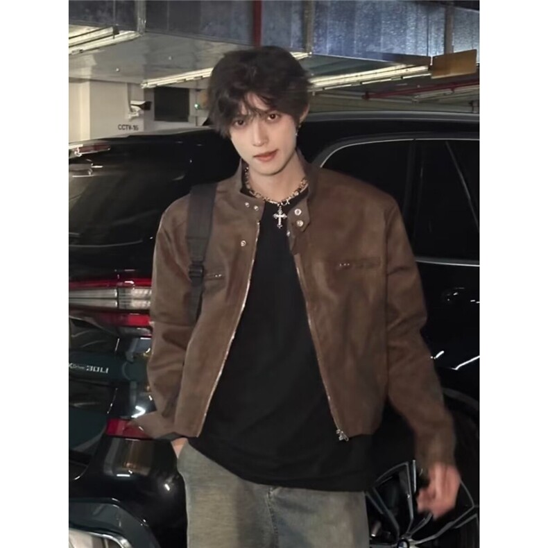 麂皮绒短款垫肩外套男款春秋季美拉德穿搭美式复古机车服飞行夹克,男装夹克,星座506A