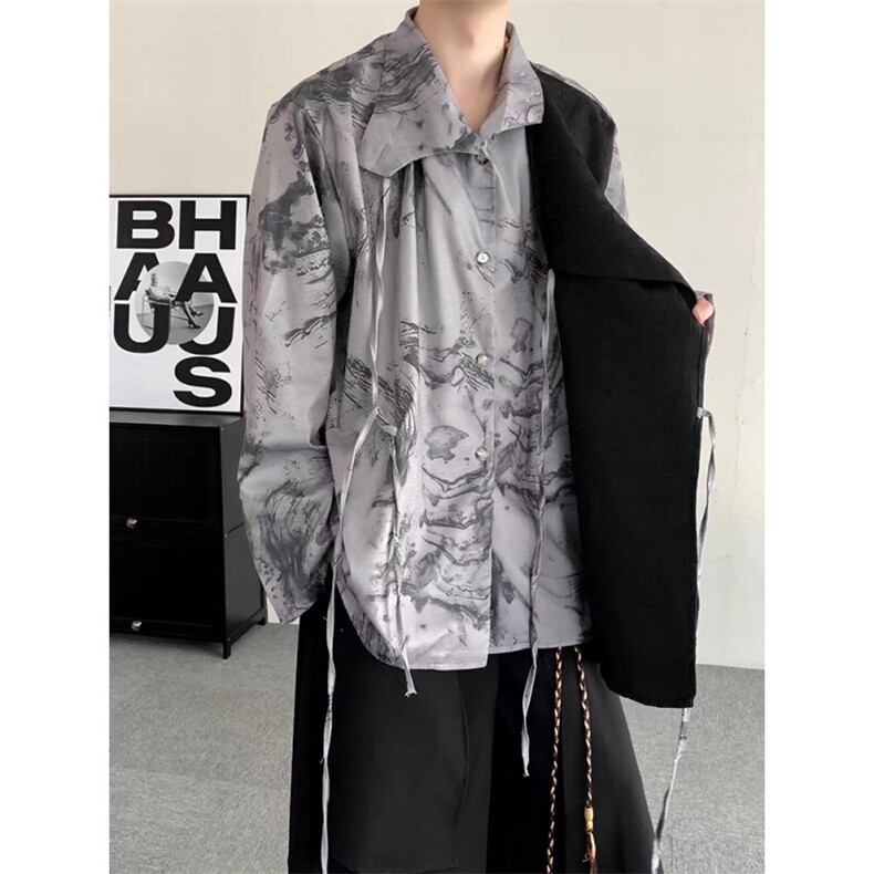 春秋复古新中式冰丝提花衬衫男女立领小众设计感水墨画风上衣,男装衬衫,星座909