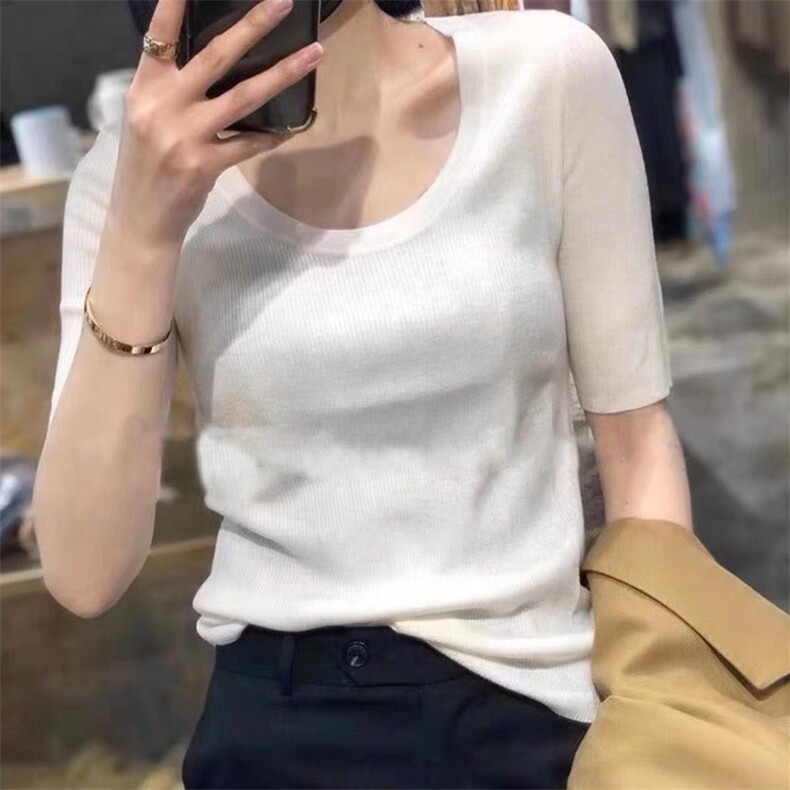 基础百搭U领修身冰丝针织短袖桑蚕丝T恤女夏装薄套头显瘦打底半袖图片