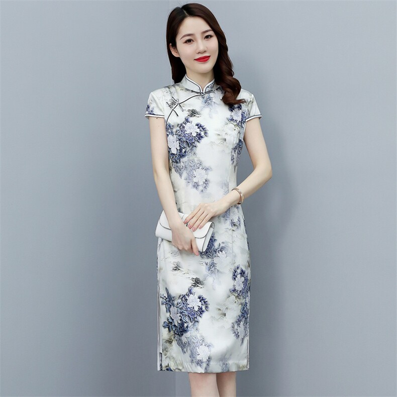 2022春夏季新款专柜品质真丝高奢时尚修身中长款婚礼旗袍连衣裙，女装汉服/婚纱/旗袍/礼服，媚琳依坊