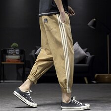 2021秋季新日系大码男束脚条纹运动九分棉麻休闲裤K2001-P35，男装休闲裤，电商A001